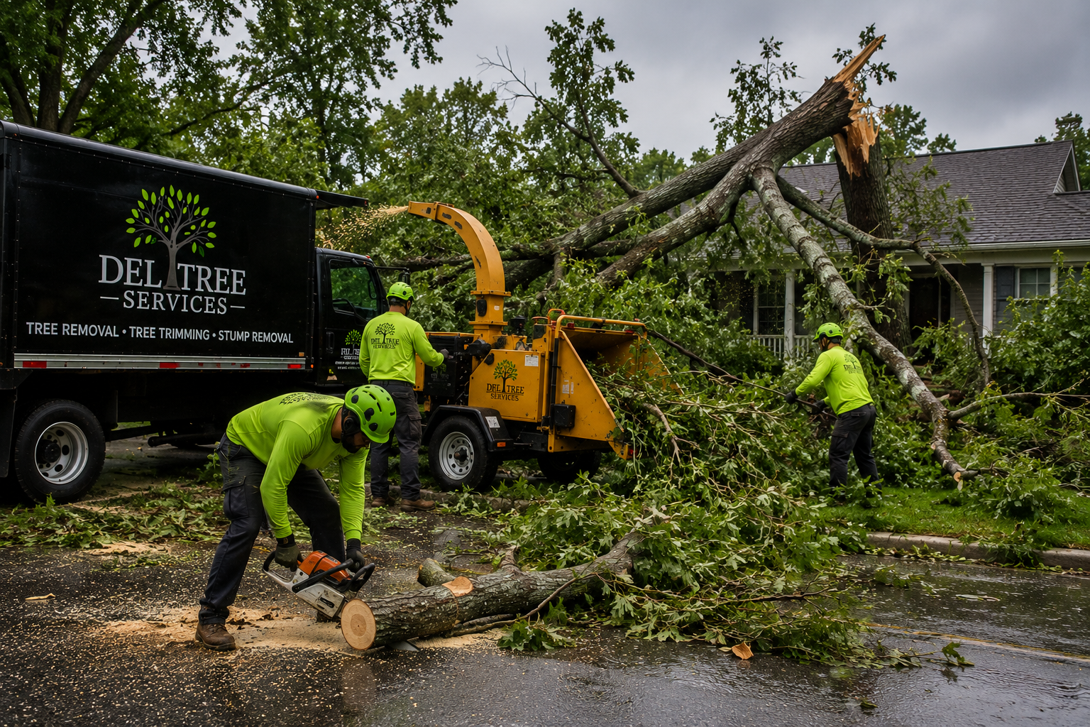 Storm damage cleanup in suburban street