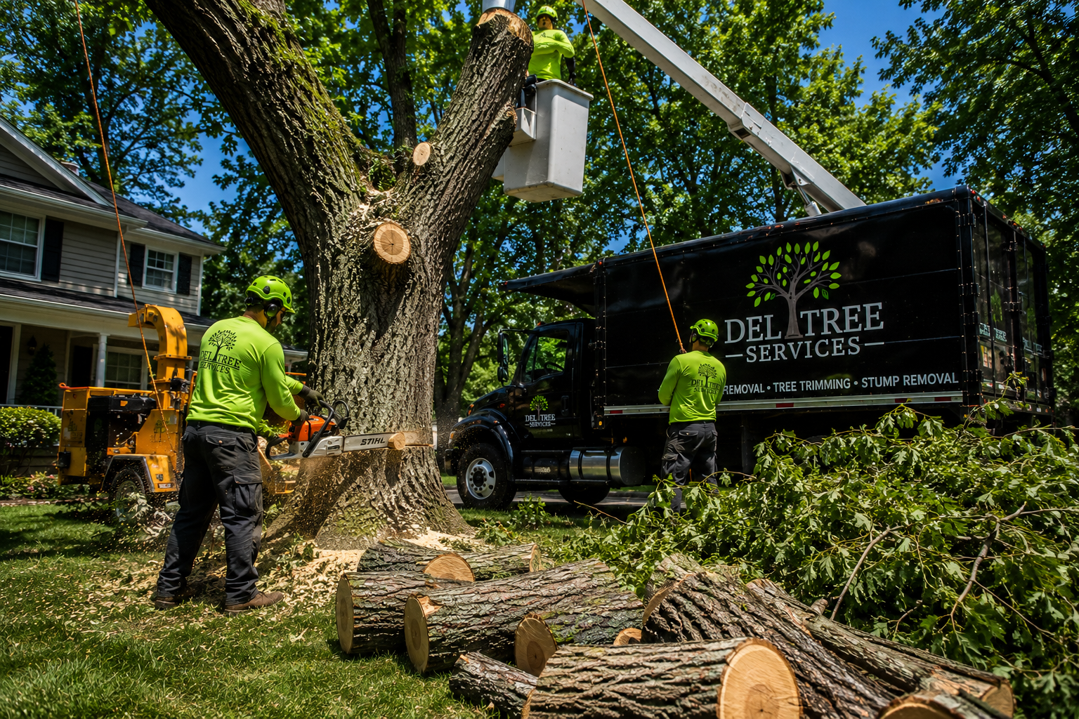 Tree removal in suburban backyard